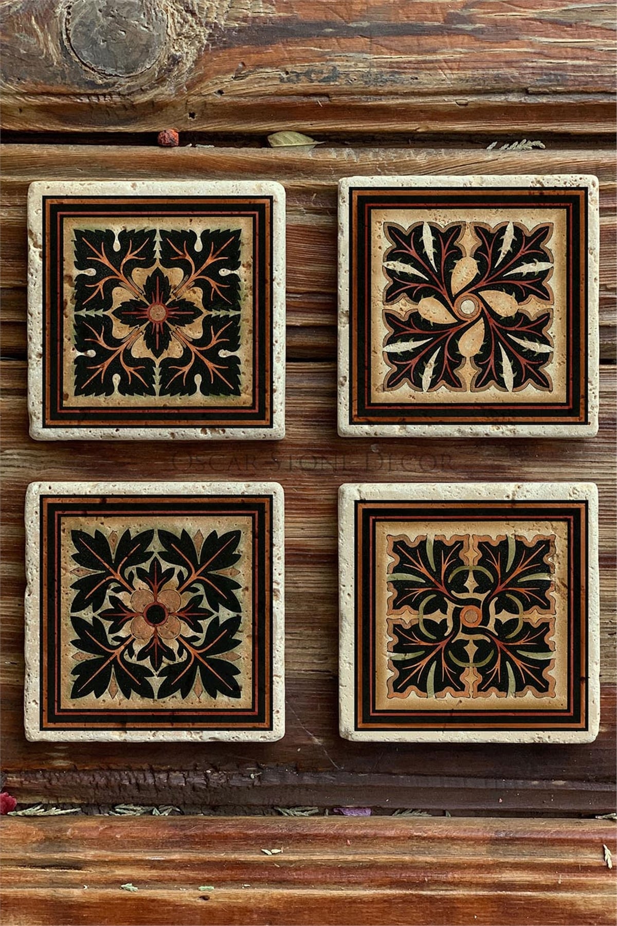 Oscar Stone Decor Baskılı Doğaltaş Bardak Altlığı 4'lü Set Desen Tile
