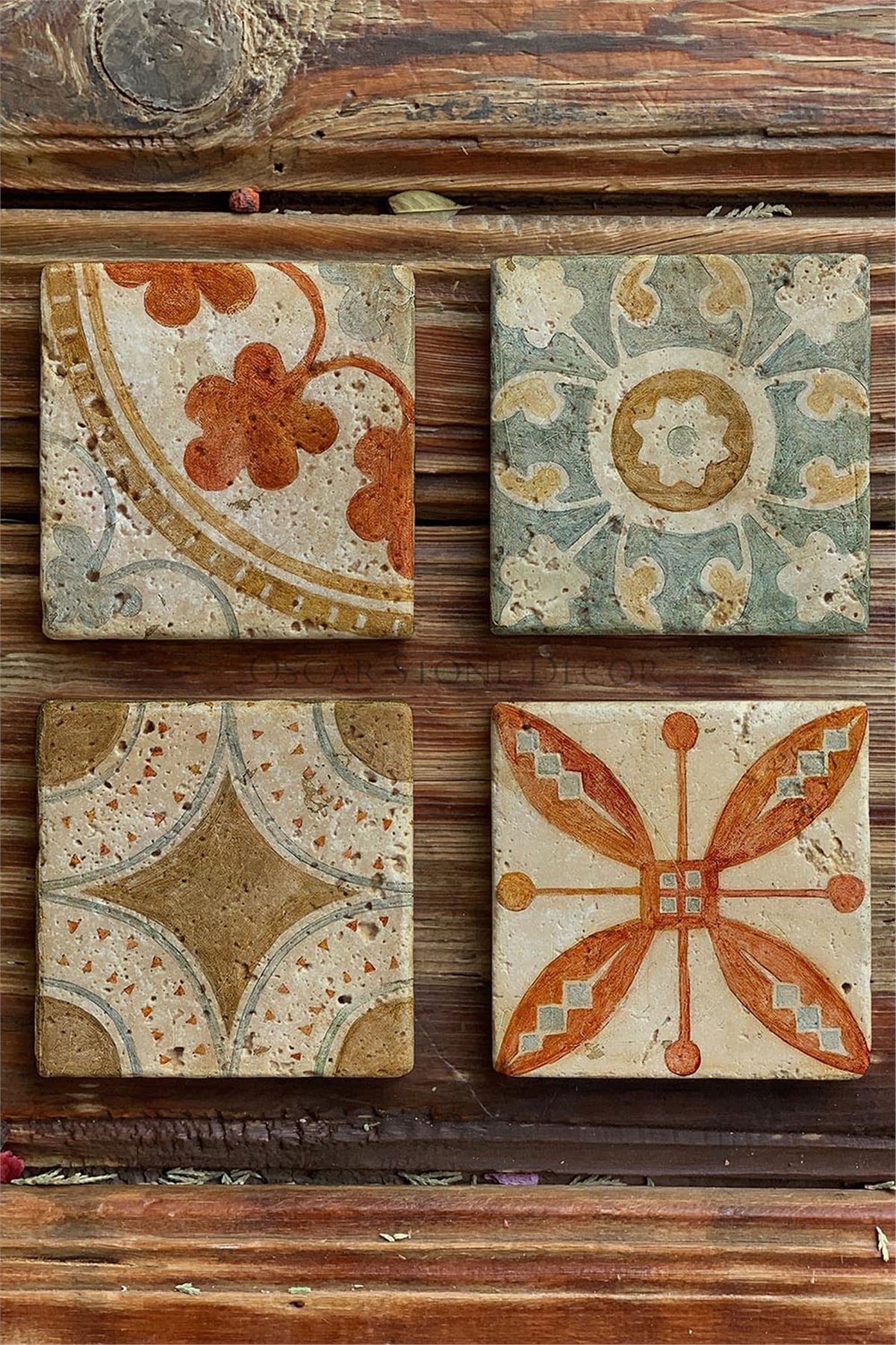 Oscar Stone Decor Baskılı Doğaltaş Bardak Altlığı 4'lü Set Desen Tile