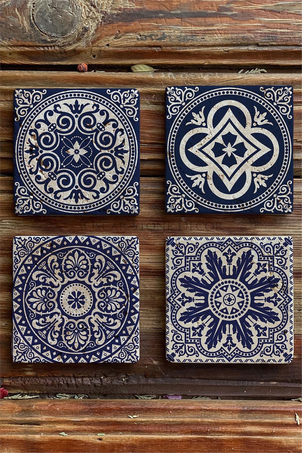Oscar Stone Decor Baskılı Doğaltaş Bardak Altlığı 4'lü Set Desen Tile