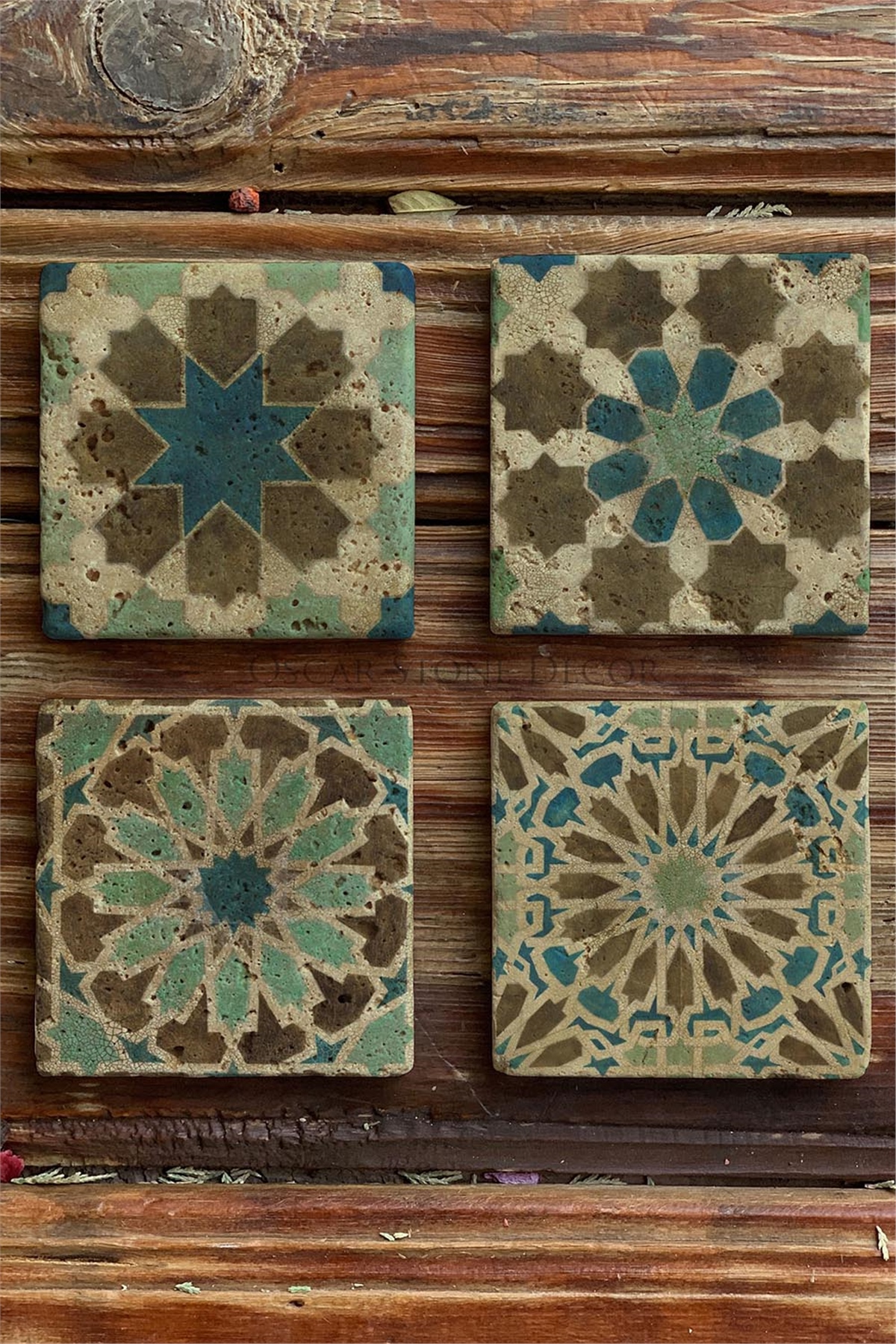 Oscar Stone Decor Baskılı Doğaltaş Bardak Altlığı 4'lü Set Desen Tile
