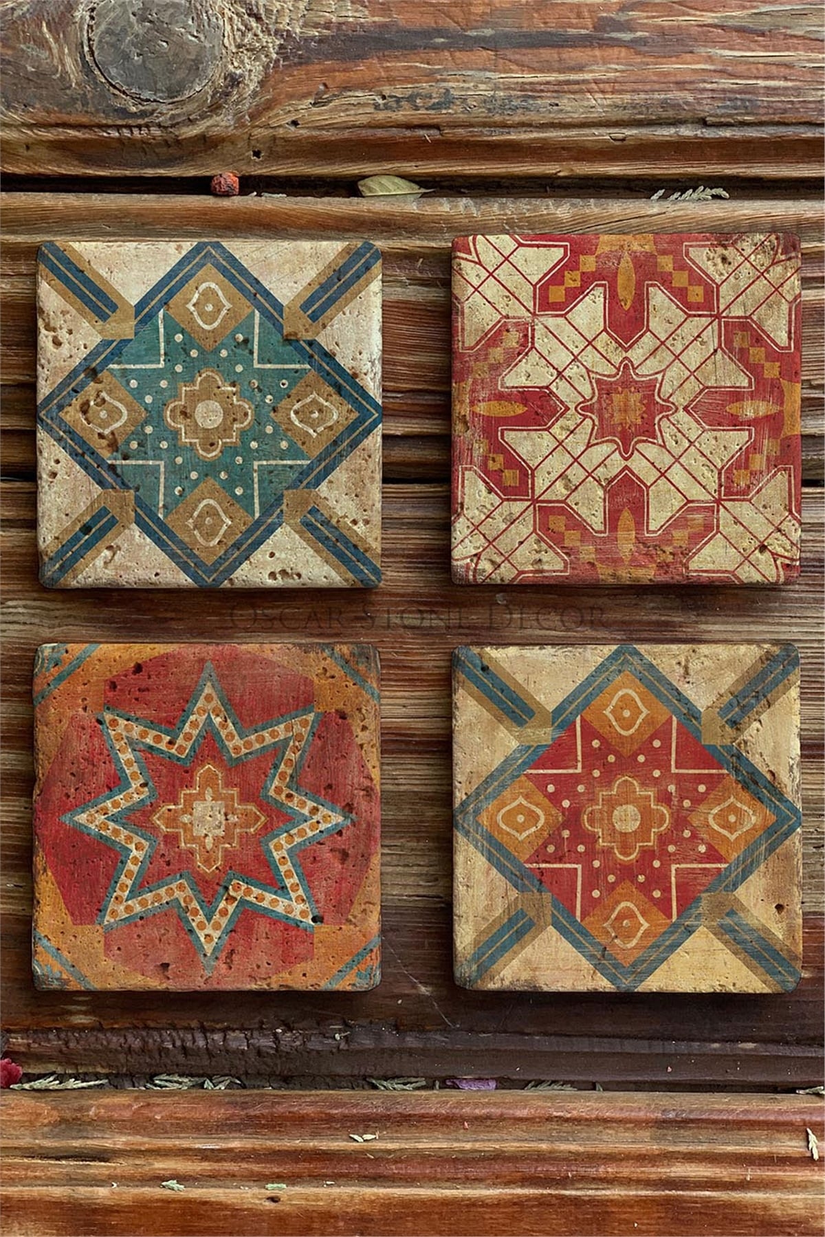 Oscar Stone Decor Baskılı Doğaltaş Bardak Altlığı 4'lü Set Desen Tile