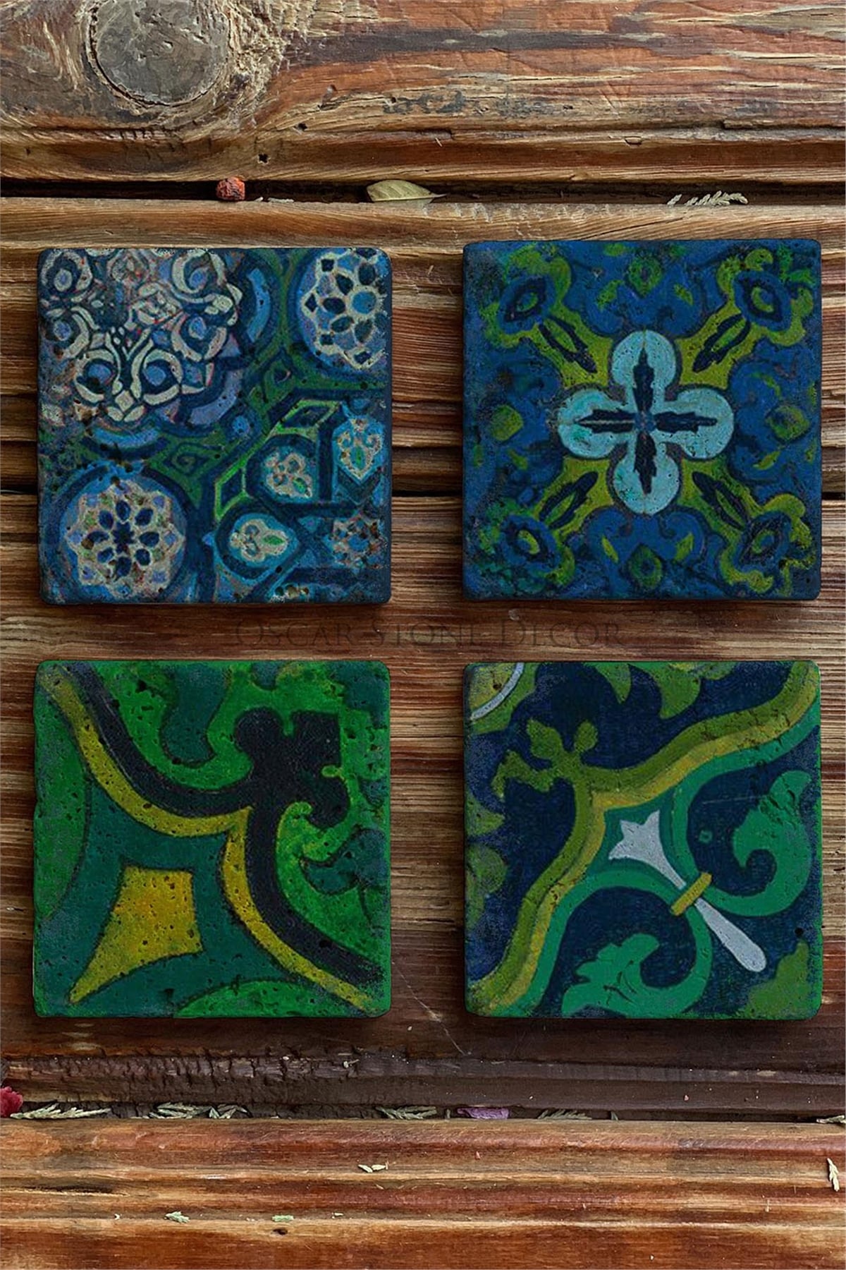 Oscar Stone Decor Baskılı Doğaltaş Bardak Altlığı 4'lü Set Desen Tile