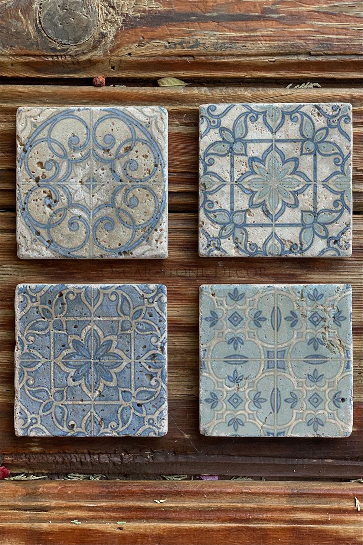 Oscar Stone Decor Baskılı Doğaltaş Bardak Altlığı 4'lü Set Desen Tile