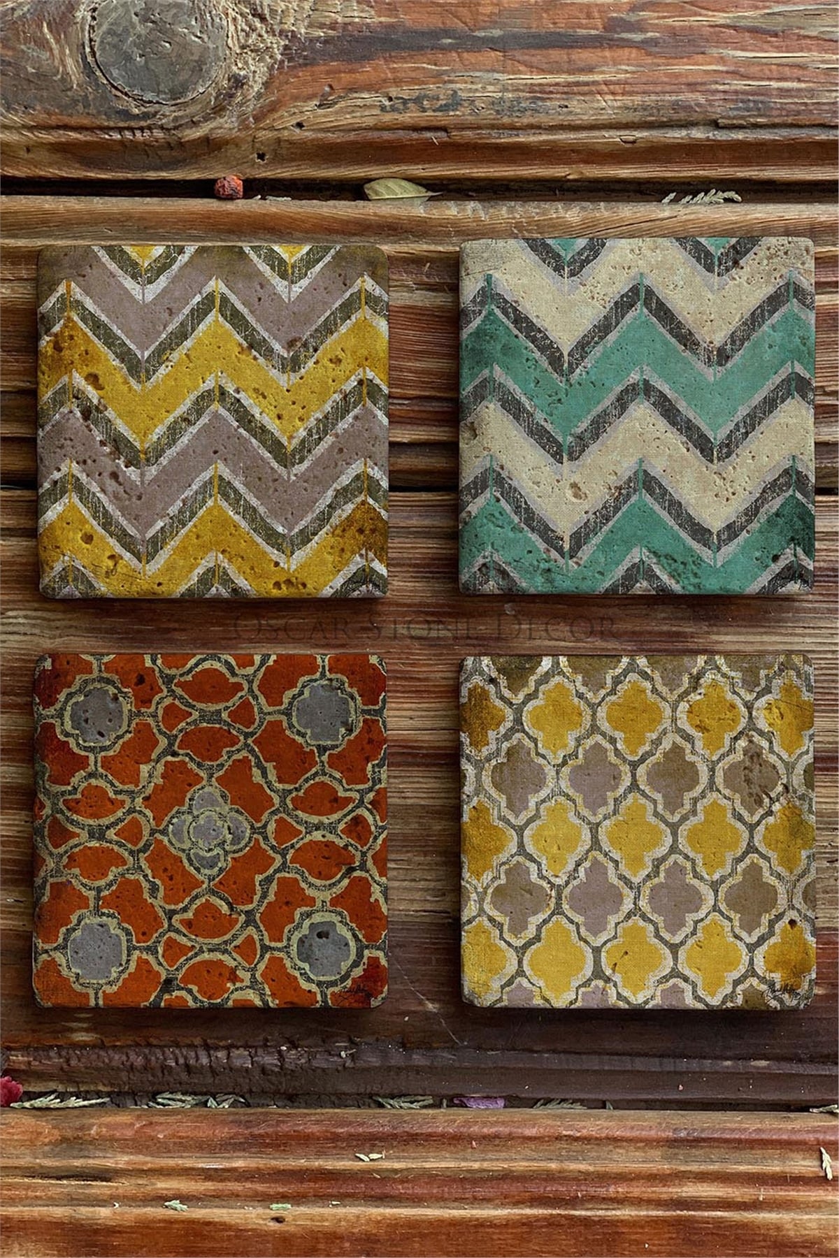 Oscar Stone Decor Baskılı Doğaltaş Bardak Altlığı 4'lü Set Desen Tile