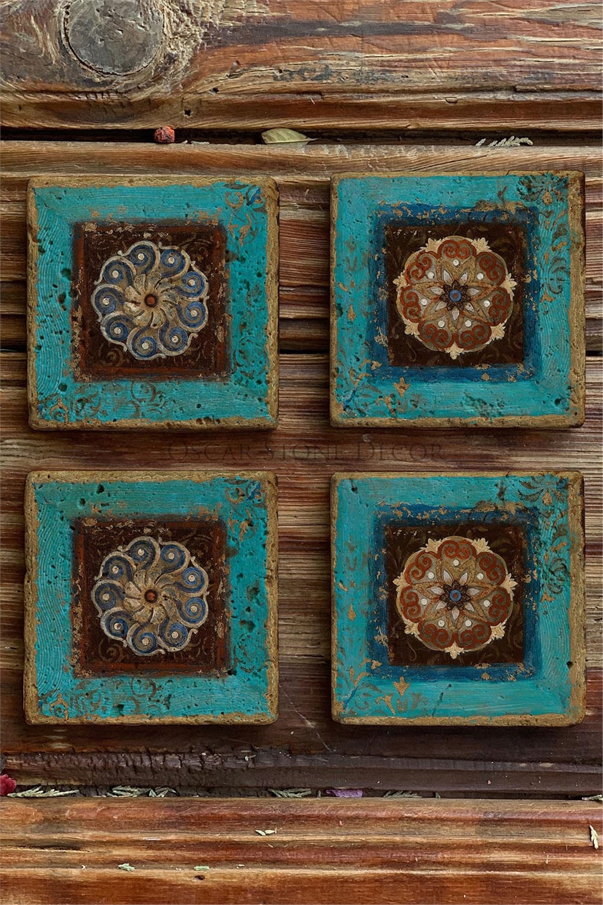 Oscar Stone Decor Baskılı Doğaltaş Bardak Altlığı 4'lü Set Desen Tile