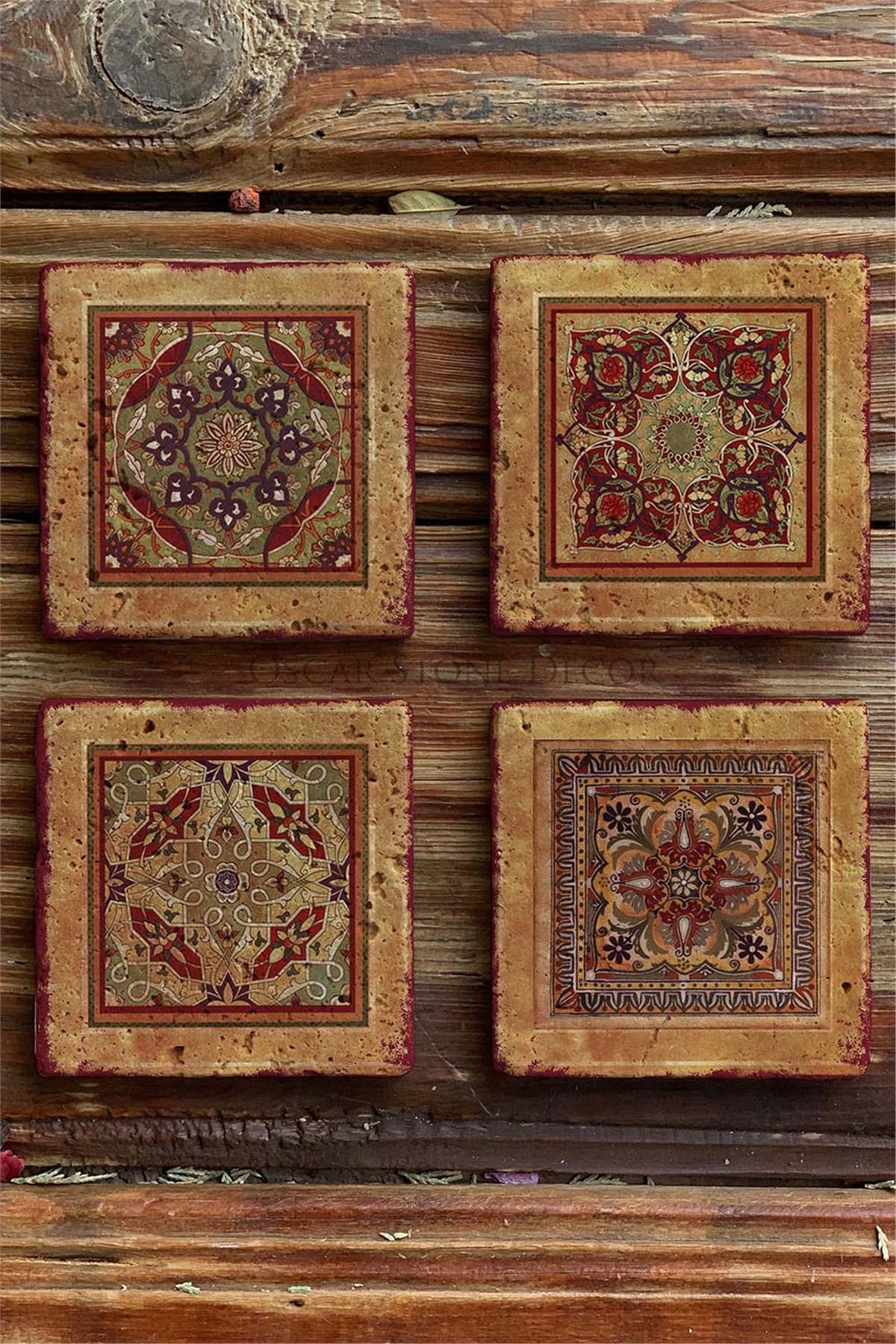 Oscar Stone Decor Baskılı Doğaltaş Bardak Altlığı 4'lü Set Desen Tile
