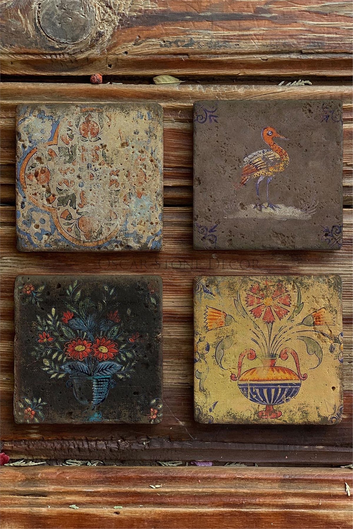 Oscar Stone Decor Baskılı Doğaltaş Bardak Altlığı 4'lü Set Desen Tile