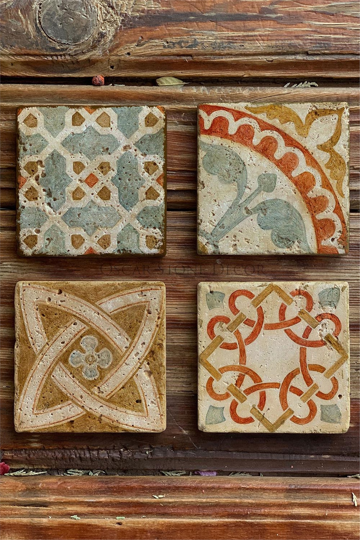 Oscar Stone Decor Baskılı Doğaltaş Bardak Altlığı 4'lü Set Desen Tile
