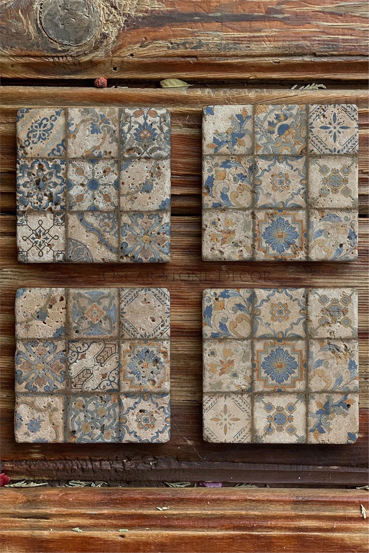 Oscar Stone Decor Baskılı Doğaltaş Bardak Altlığı 4'lü Set Desen Tile