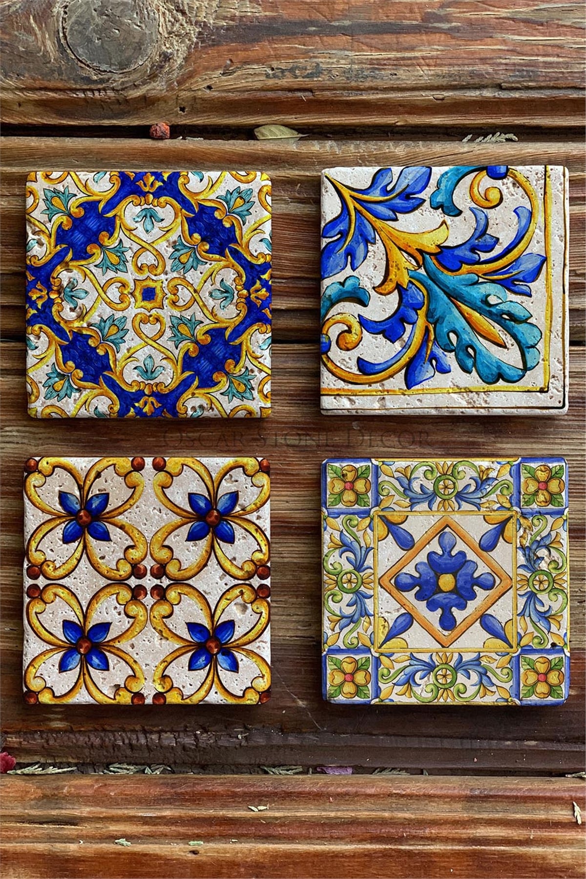 Oscar Stone Decor Baskılı Doğaltaş Bardak Altlığı 4'lü Set Desen Tile