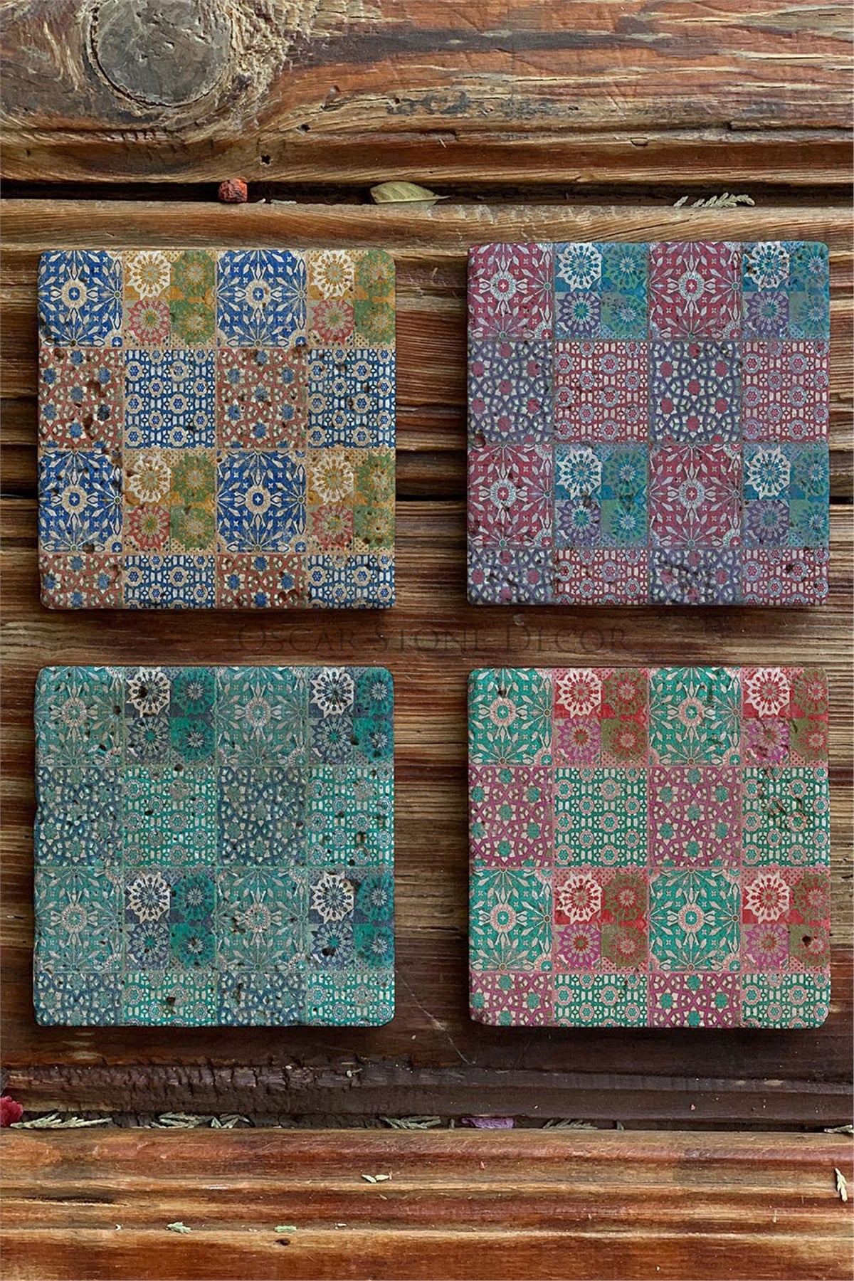 Oscar Stone Decor Baskılı Doğaltaş Bardak Altlığı 4'lü Set Desen Tile