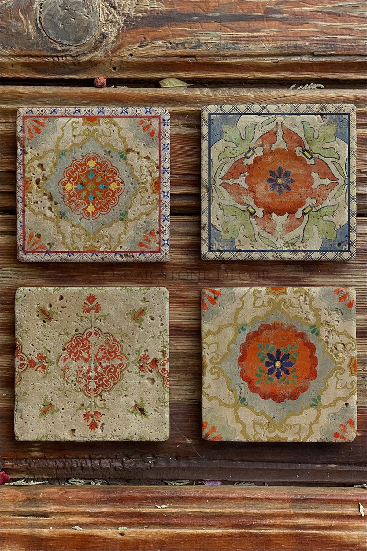 Oscar Stone Decor Baskılı Doğaltaş Bardak Altlığı 4'lü Set Desen Tile
