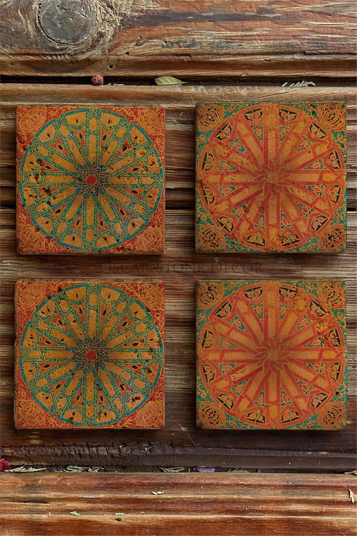 Oscar Stone Decor Baskılı Doğaltaş Bardak Altlığı 4'lü Set Desen Tile