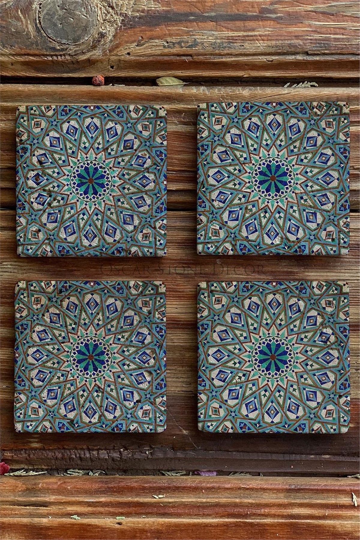 Oscar Stone Decor Baskılı Doğaltaş Bardak Altlığı 4'lü Set Desen Tile