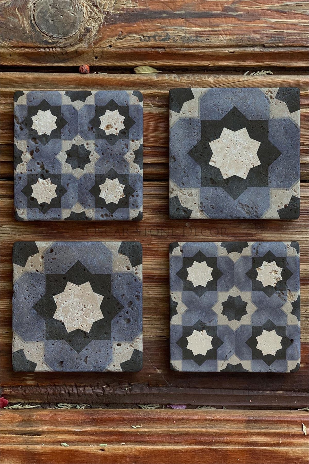 Oscar Stone Decor Baskılı Doğaltaş Bardak Altlığı 4'lü Set Desen Tile