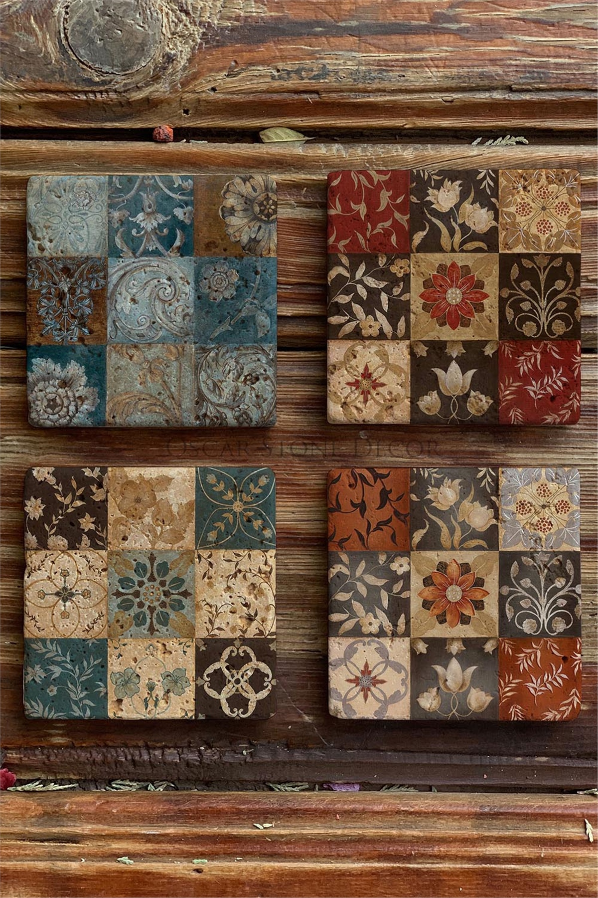 Oscar Stone Decor Baskılı Doğaltaş Bardak Altlığı 4'lü Set Desen Tile