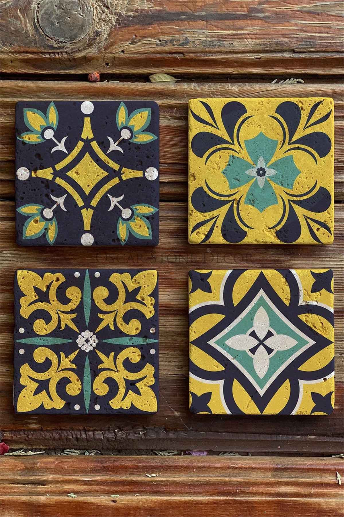 Oscar Stone Decor Baskılı Doğaltaş Bardak Altlığı 4'lü Set Desen Tile