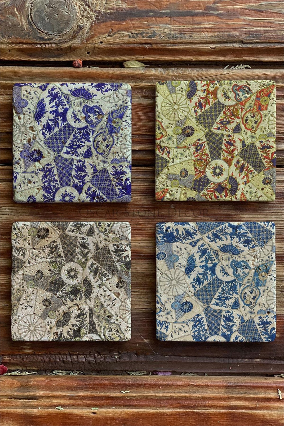 Oscar Stone Decor Baskılı Doğaltaş Bardak Altlığı 4'lü Set Desen Tile