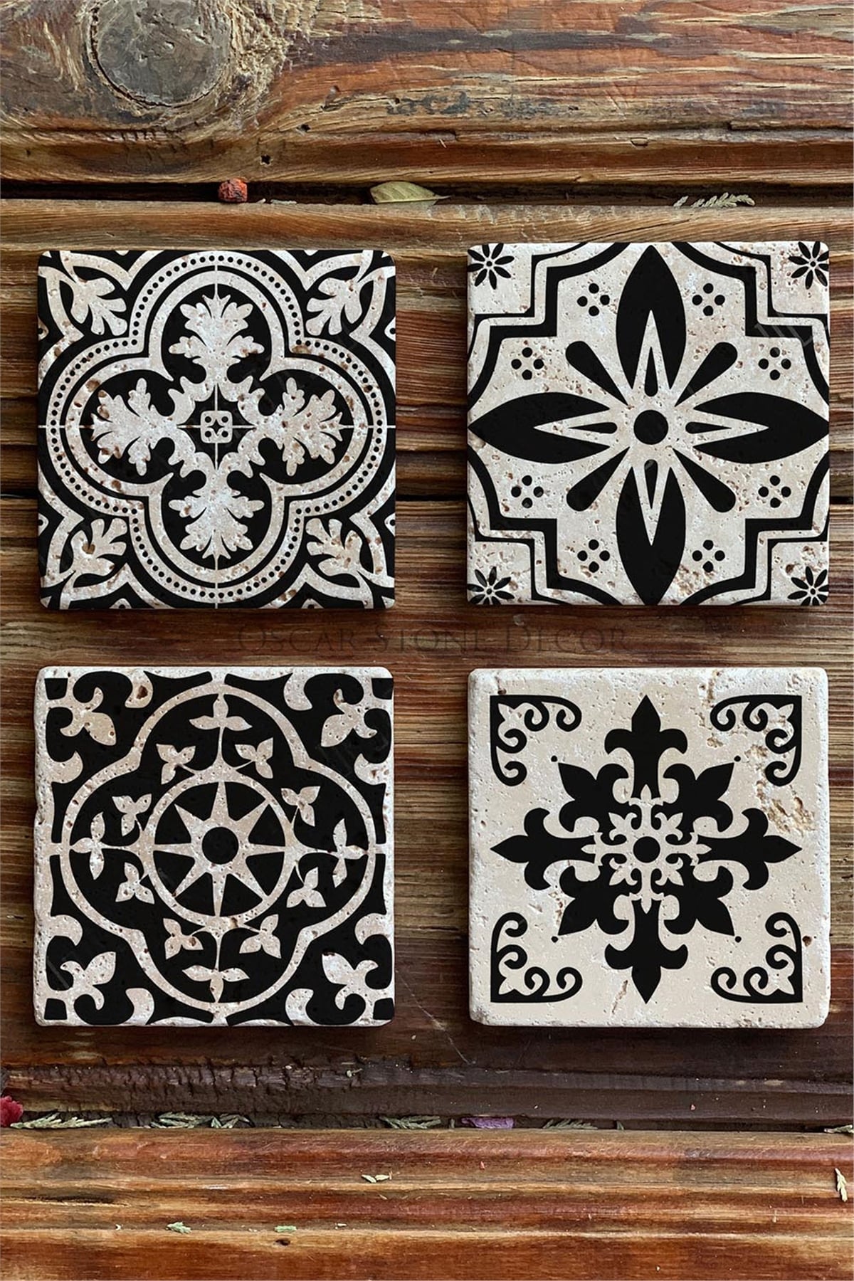 Oscar Stone Decor Baskılı Doğaltaş Bardak Altlığı 4'lü Set Desen Tile