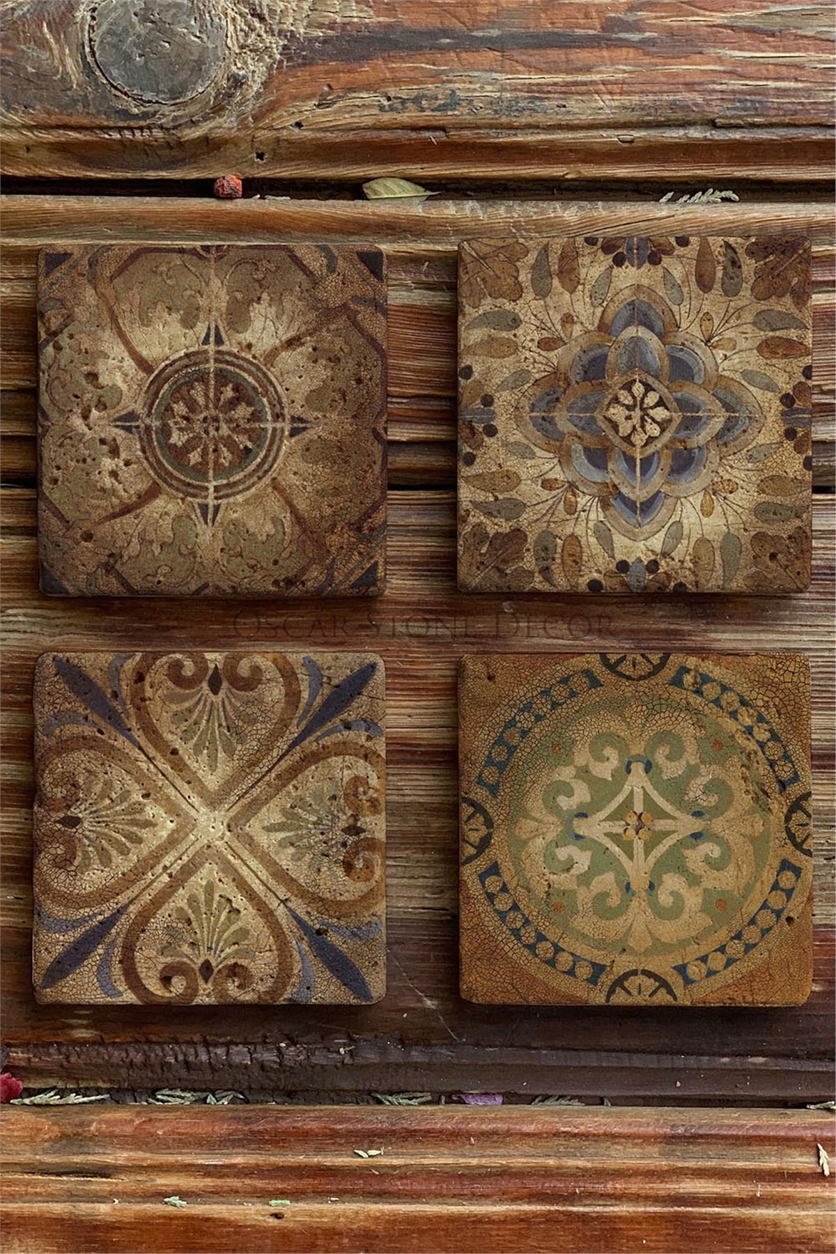Oscar Stone Decor Baskılı Doğaltaş Bardak Altlığı 4'lü Set Desen Tile