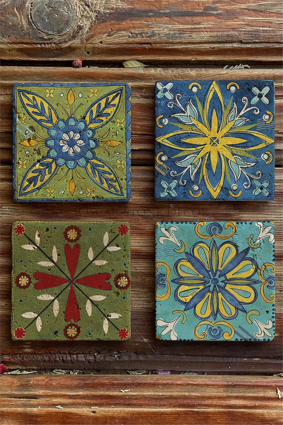 Oscar Stone Decor Baskılı Doğaltaş Bardak Altlığı 4'lü Set Desen Tile