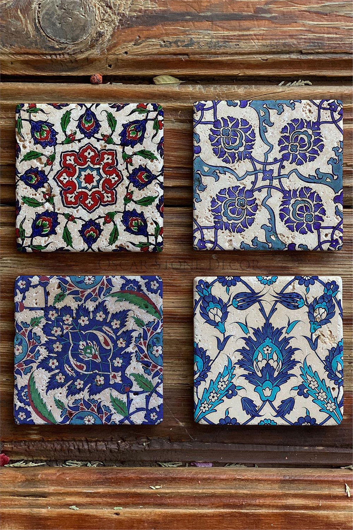 Oscar Stone Decor Baskılı Doğaltaş Bardak Altlığı 4'lü Set Desen Tile