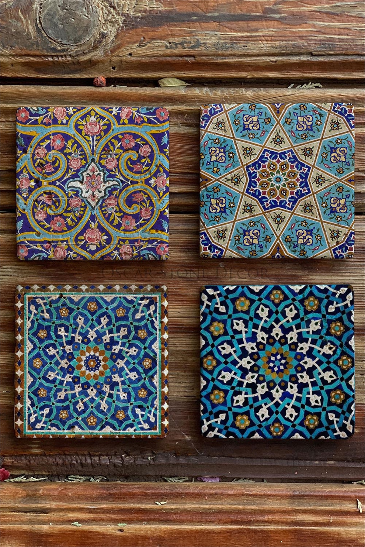 Oscar Stone Decor Baskılı Doğaltaş Bardak Altlığı 4'lü Set Desen Tile