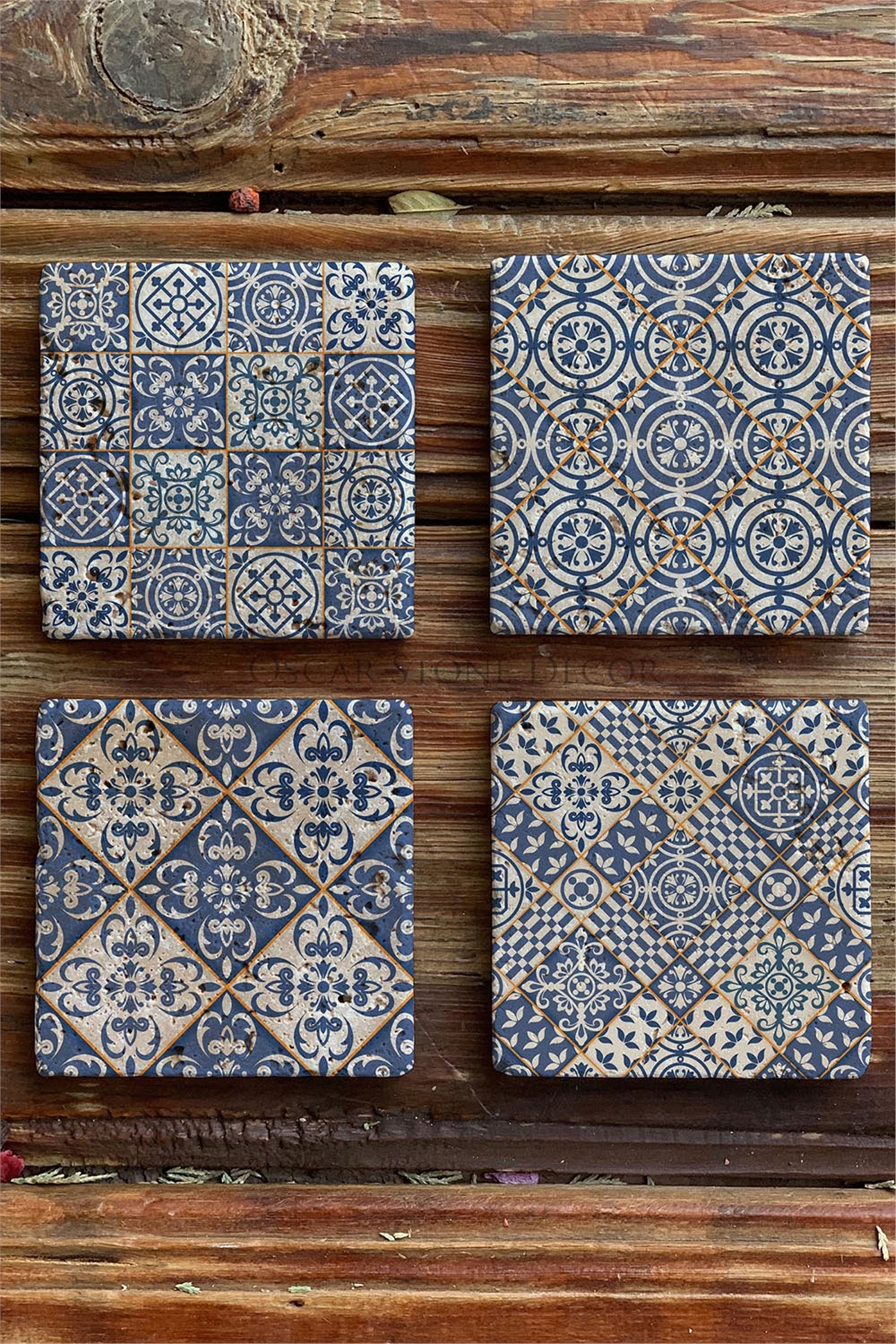 Oscar Stone Decor Baskılı Doğaltaş Bardak Altlığı 4'lü Set Desen Tile