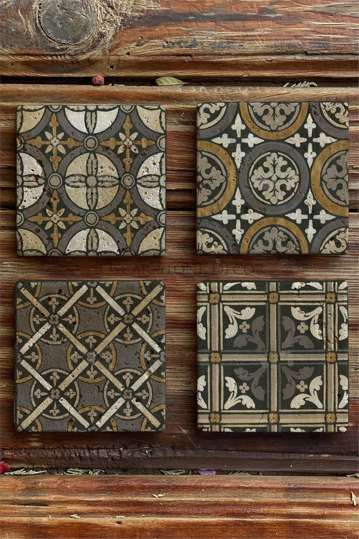 Oscar Stone Decor Baskılı Doğaltaş Bardak Altlığı 4'lü Set Desen Tile