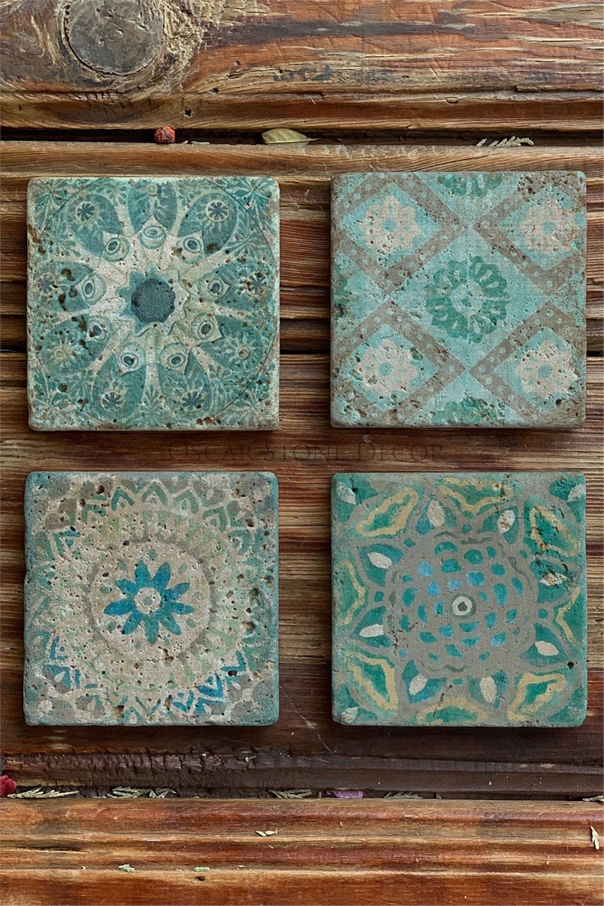 Oscar Stone Decor Baskılı Doğaltaş Bardak Altlığı 4'lü Set Desen Tile