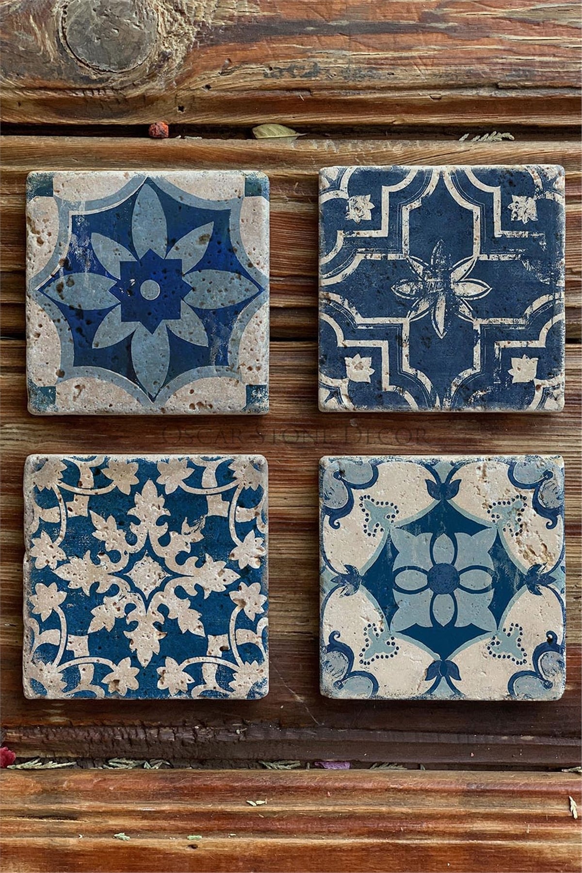 Oscar Stone Decor Baskılı Doğaltaş Bardak Altlığı 4'lü Set Desen Tile