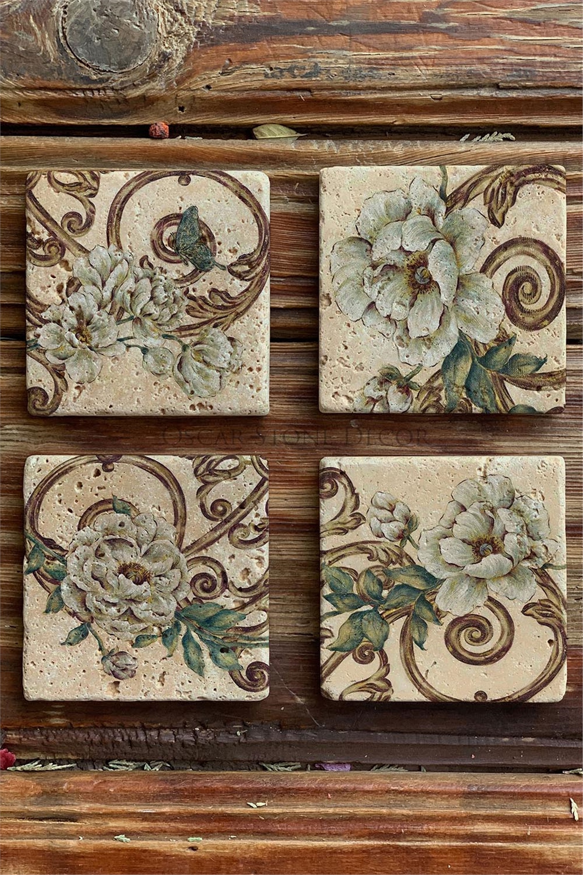 Oscar Stone Decor Baskılı Doğaltaş Bardak Altlığı 4'lü Set Desen Tile