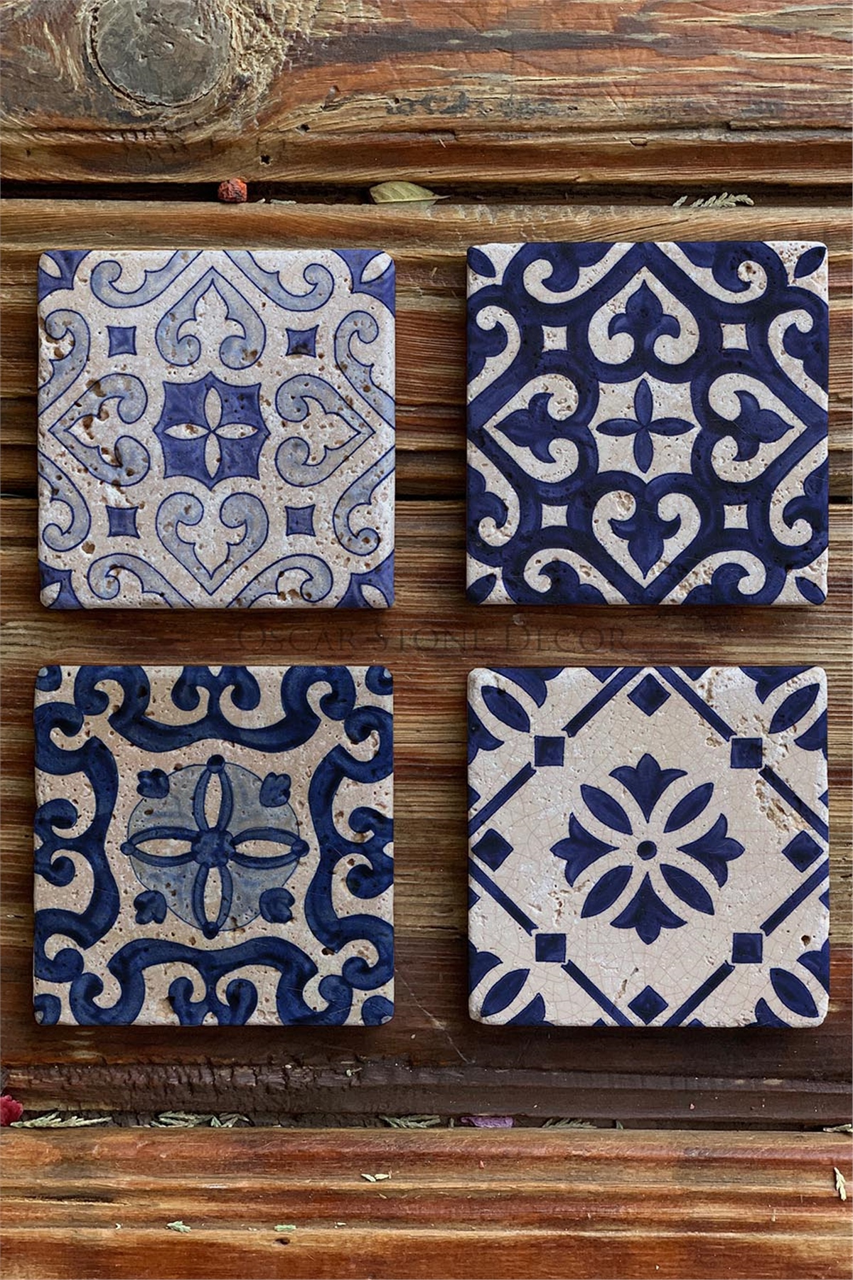 Oscar Stone Decor Baskılı Doğaltaş Bardak Altlığı 4'lü Set Desen Tile