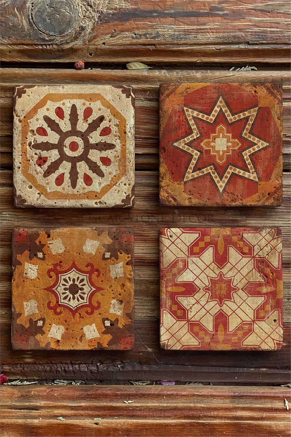Oscar Stone Decor Baskılı Doğaltaş Bardak Altlığı 4'lü Set Desen Tile