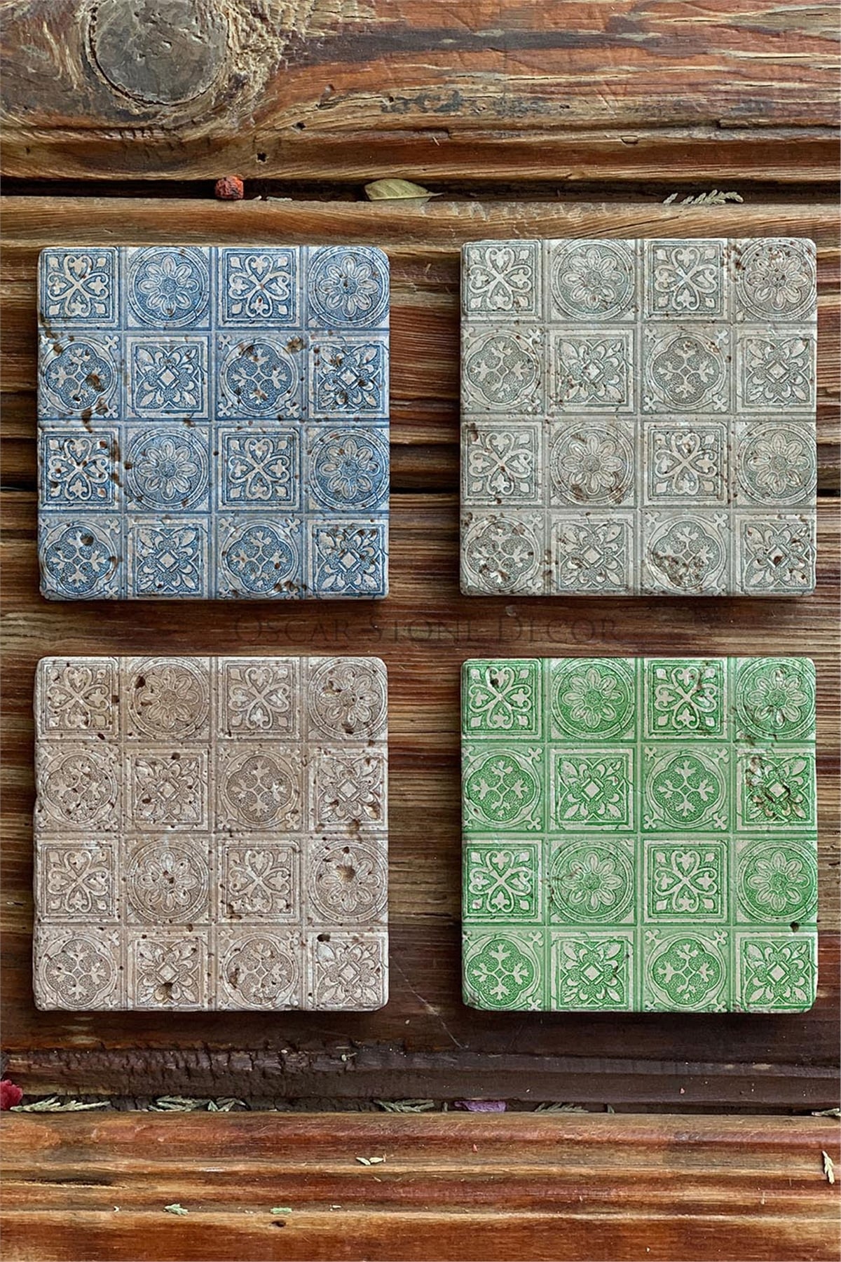 Oscar Stone Decor Baskılı Doğaltaş Bardak Altlığı 4'lü Set Desen Tile