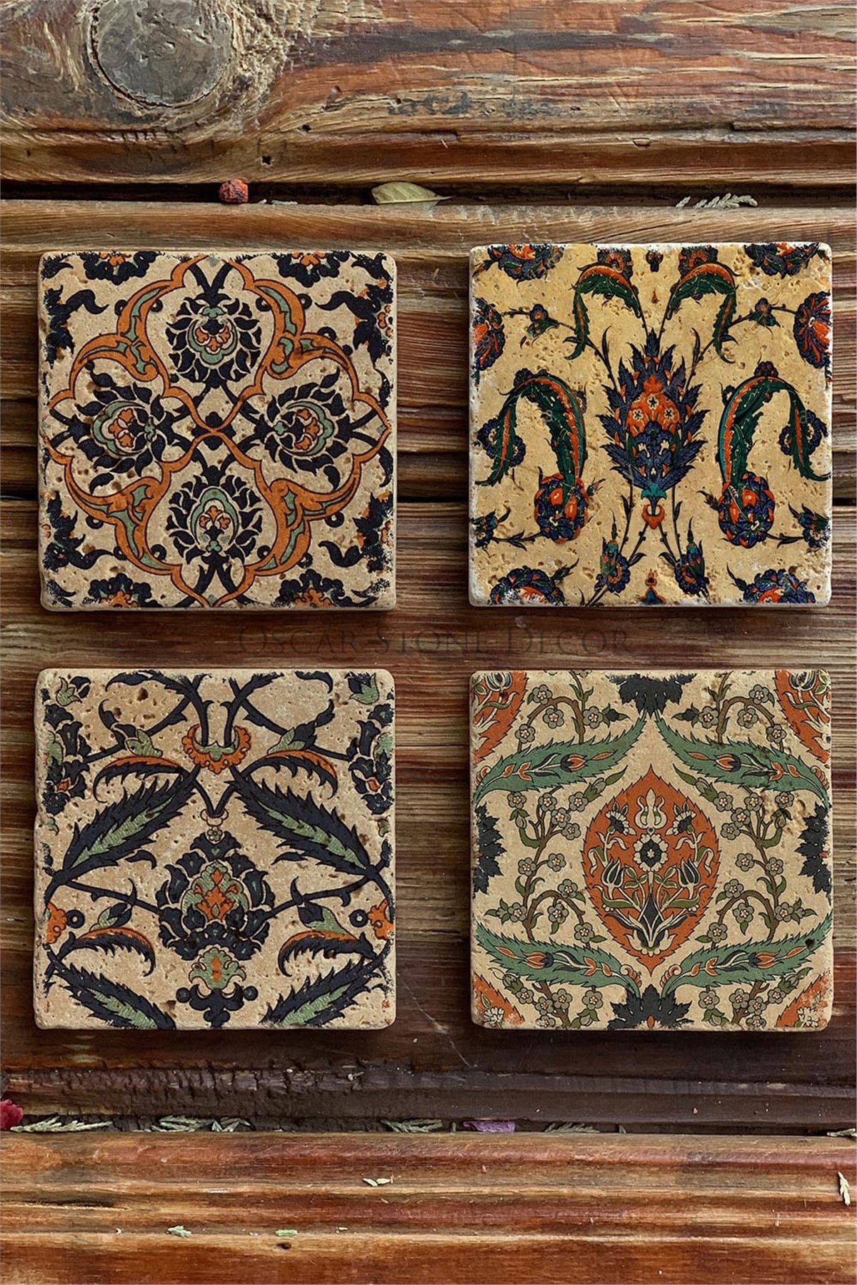 Oscar Stone Decor Baskılı Doğaltaş Bardak Altlığı 4'lü Set Desen Tile