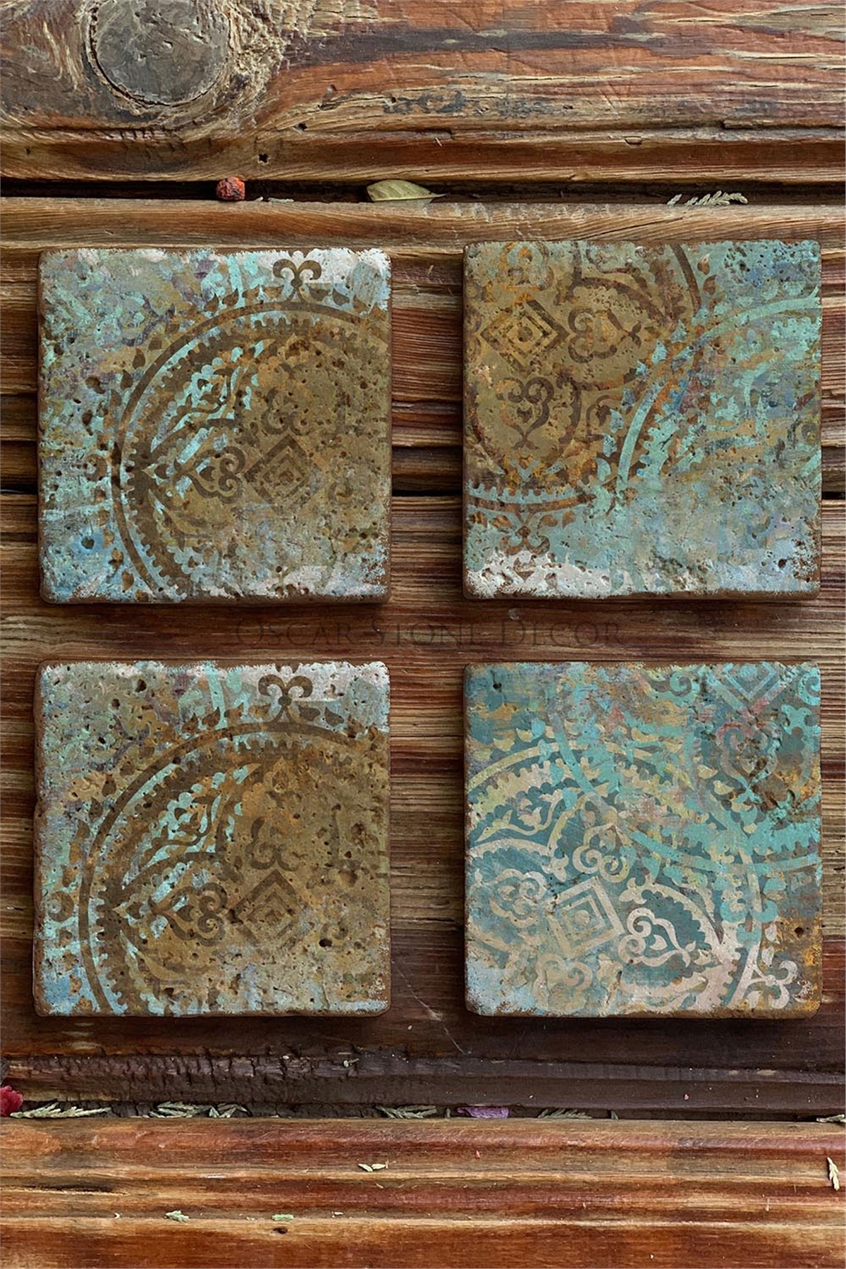 Oscar Stone Decor Baskılı Doğaltaş Bardak Altlığı 4'lü Set Desen Tile