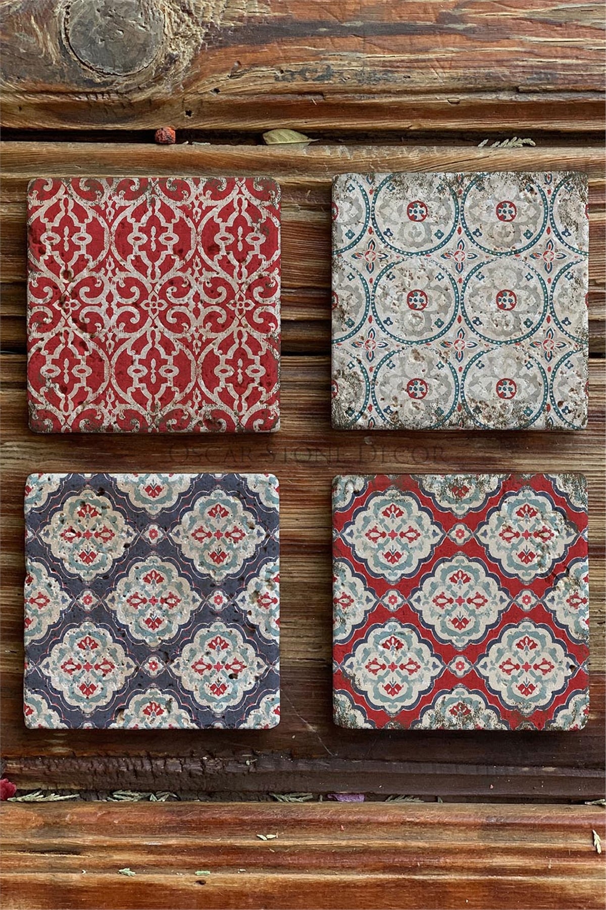 Oscar Stone Decor Baskılı Doğaltaş Bardak Altlığı 4'lü Set Desen Tile