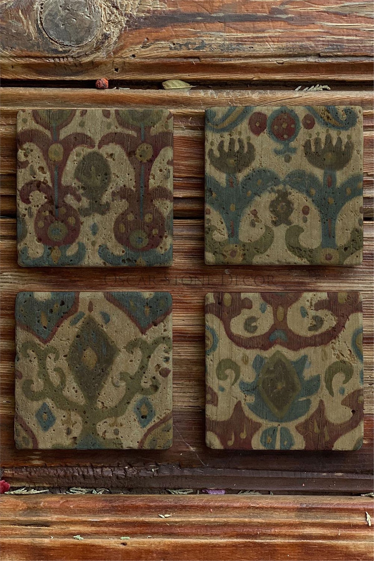 Oscar Stone Decor Baskılı Doğaltaş Bardak Altlığı 4'lü Set Desen Tile