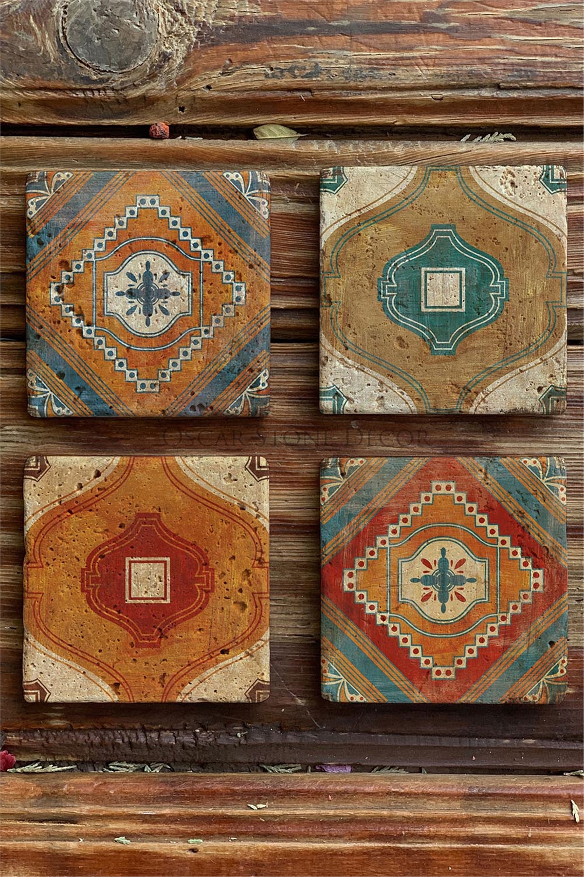 Oscar Stone Decor Baskılı Doğaltaş Bardak Altlığı 4'lü Set Desen Tile