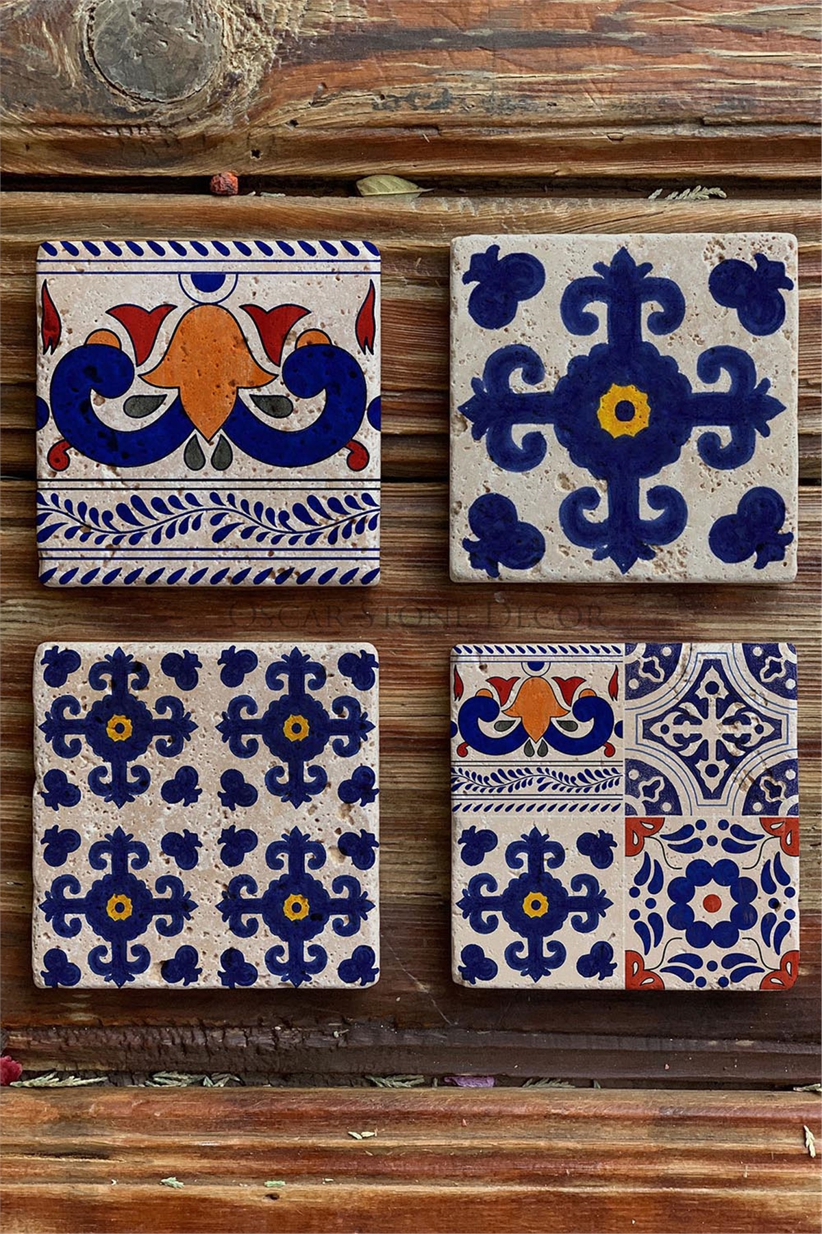 Oscar Stone Decor Baskılı Doğaltaş Bardak Altlığı 4'lü Set Desen Tile