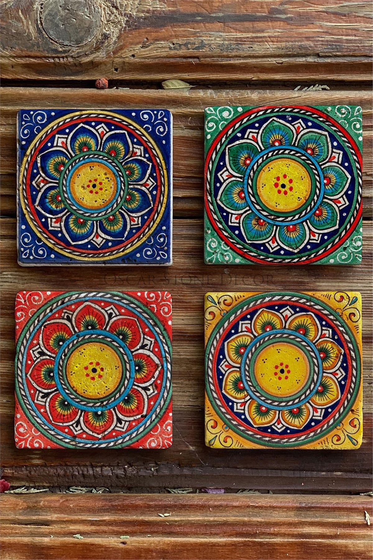 Oscar Stone Decor Baskılı Doğaltaş Bardak Altlığı 4'lü Set Desen Tile