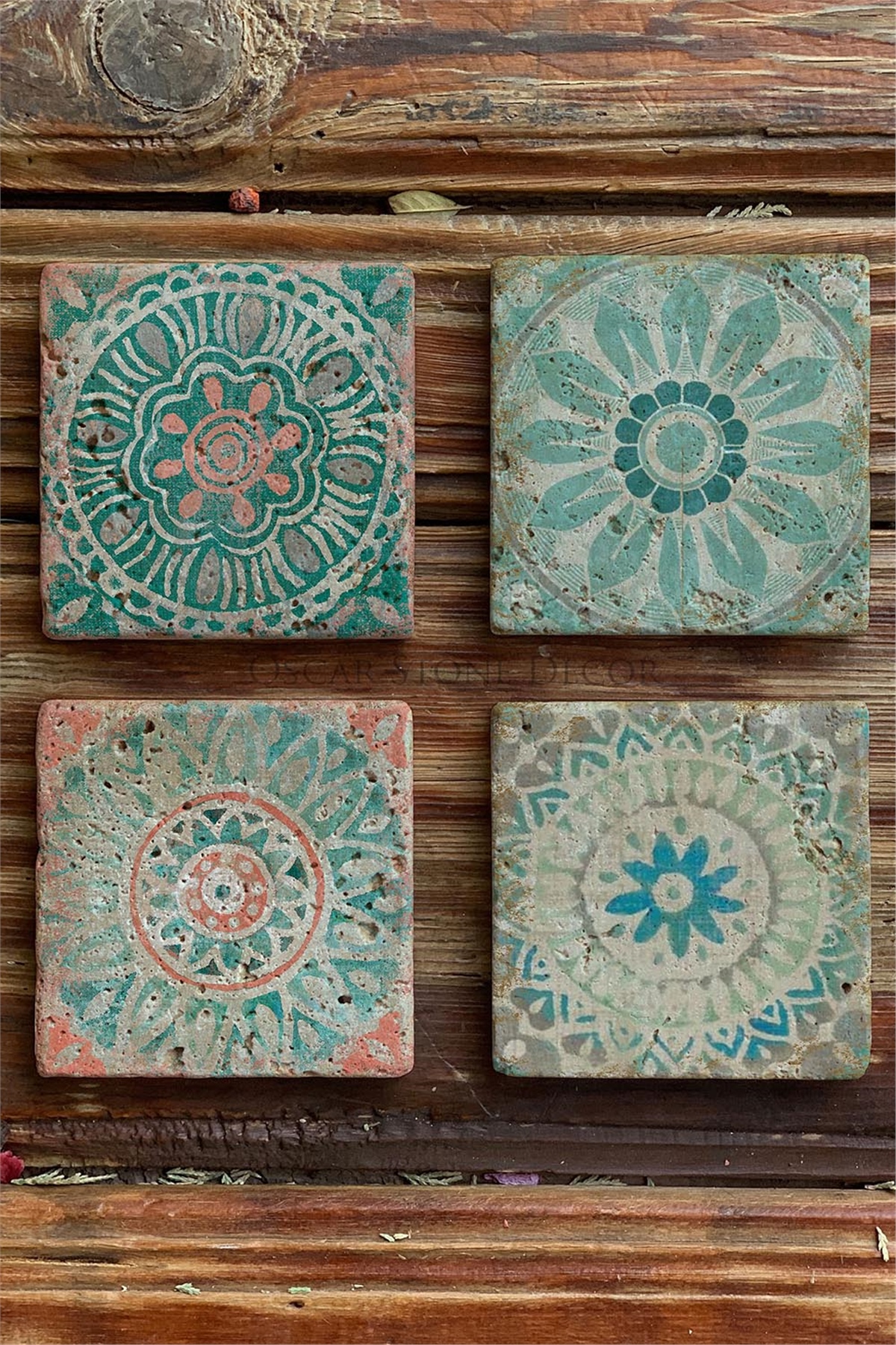 Oscar Stone Decor Baskılı Doğaltaş Bardak Altlığı 4'lü Set Desen Tile