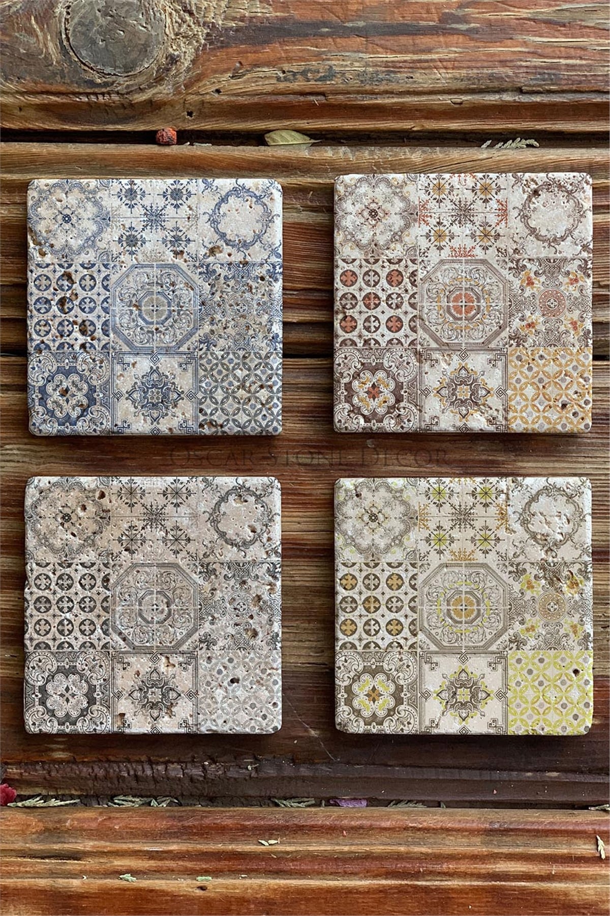 Oscar Stone Decor Baskılı Doğaltaş Bardak Altlığı 4'lü Set Desen Tile