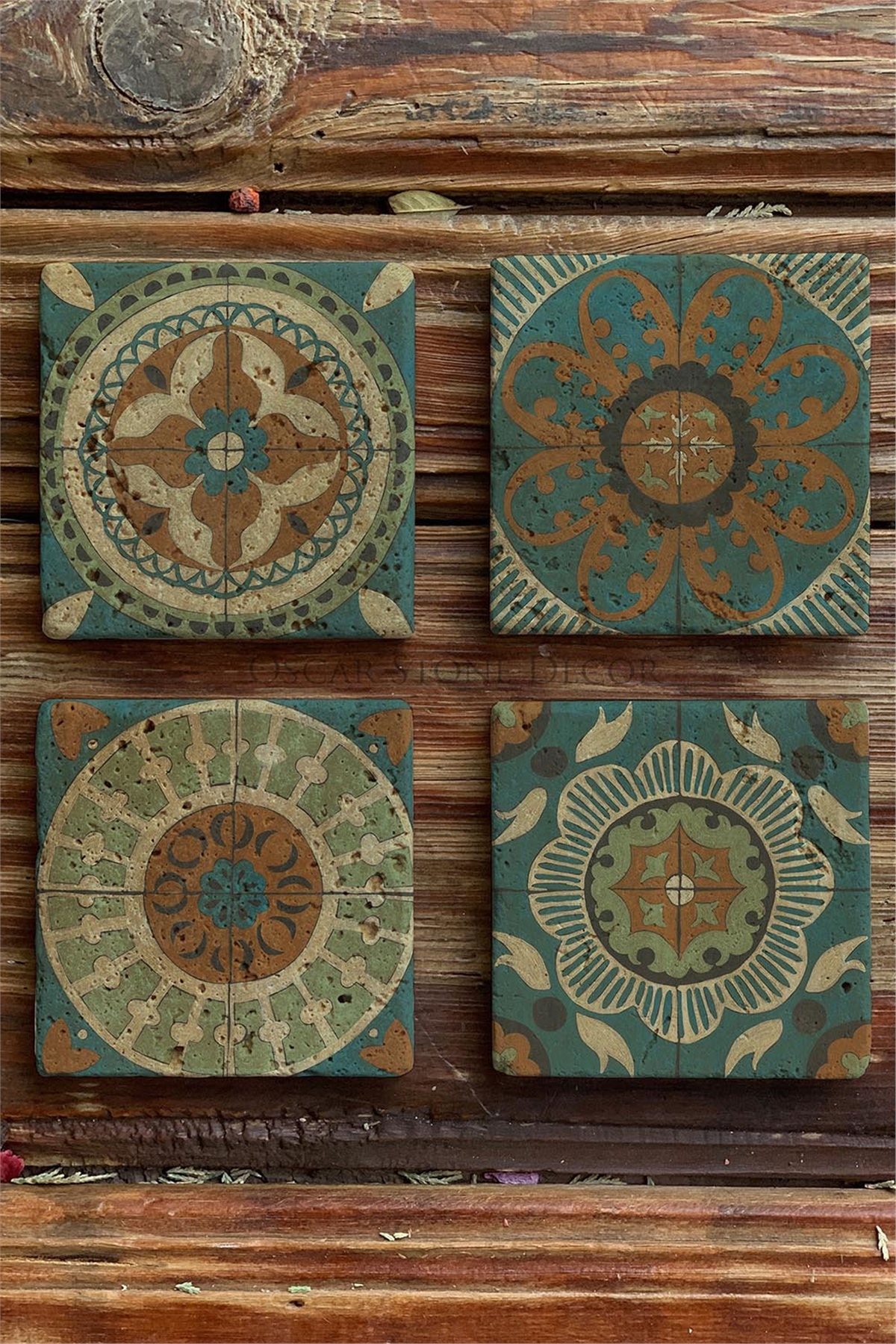 Oscar Stone Decor Baskılı Doğaltaş Bardak Altlığı 4'lü Set Desen Tile