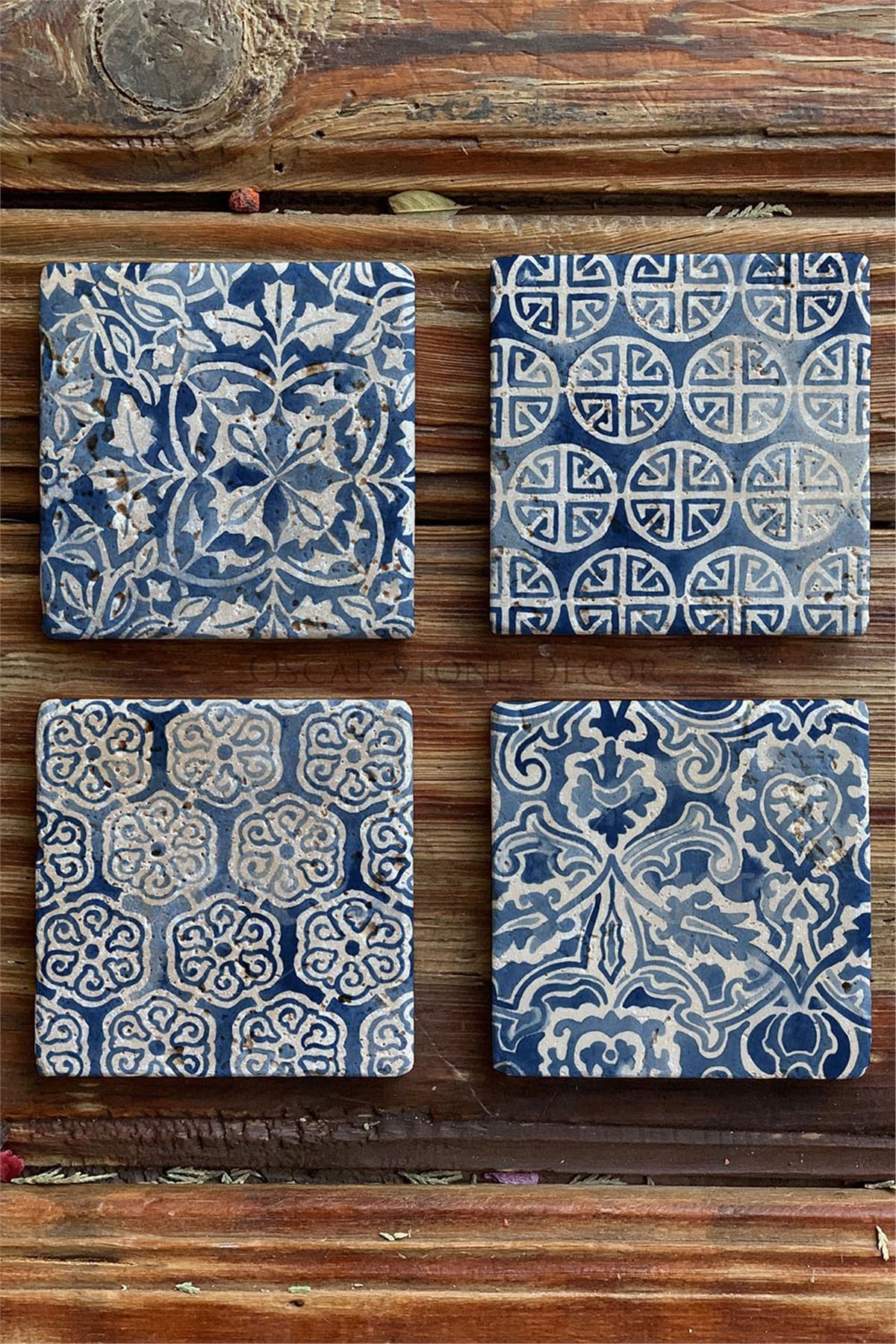 Oscar Stone Decor Baskılı Doğaltaş Bardak Altlığı 4'lü Set Desen Tile