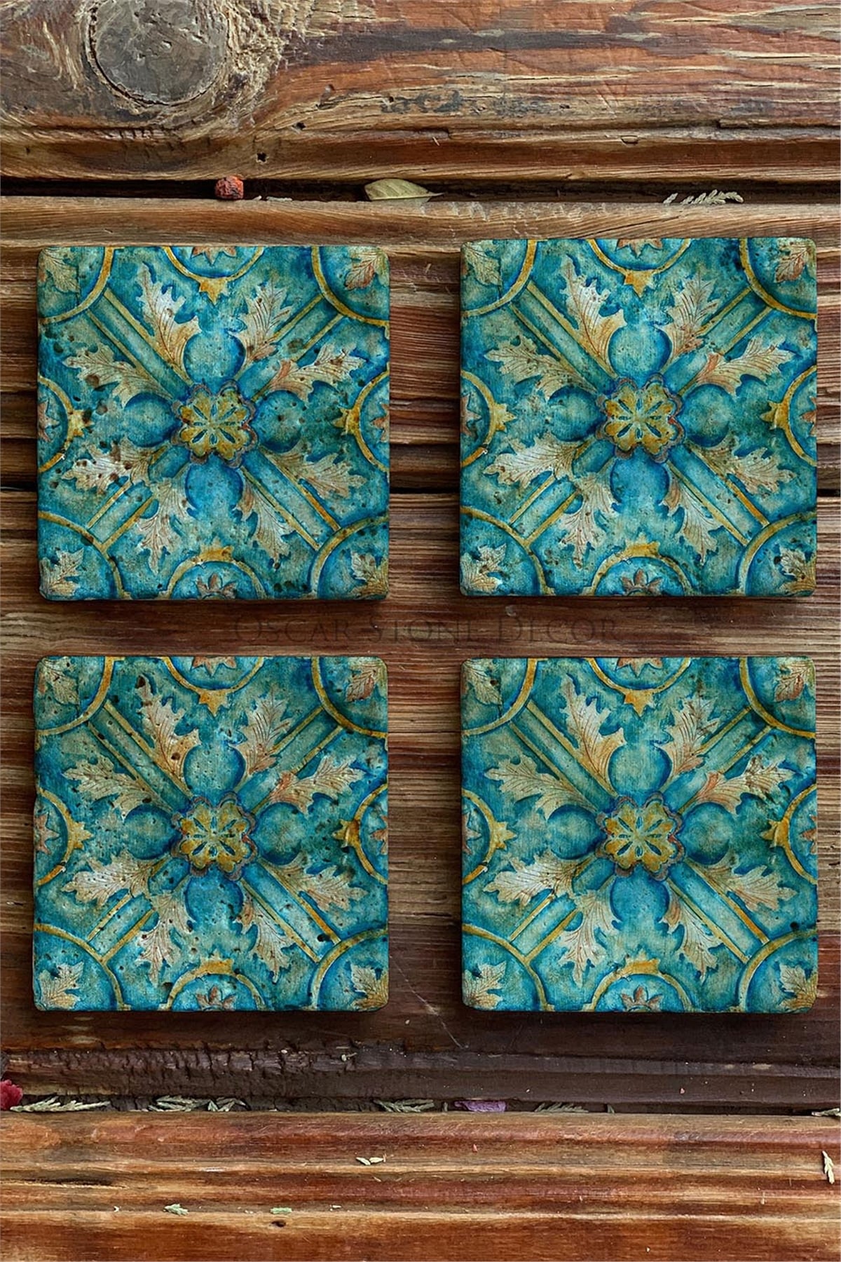 Oscar Stone Decor Baskılı Doğaltaş Bardak Altlığı 4'lü Set Desen Tile