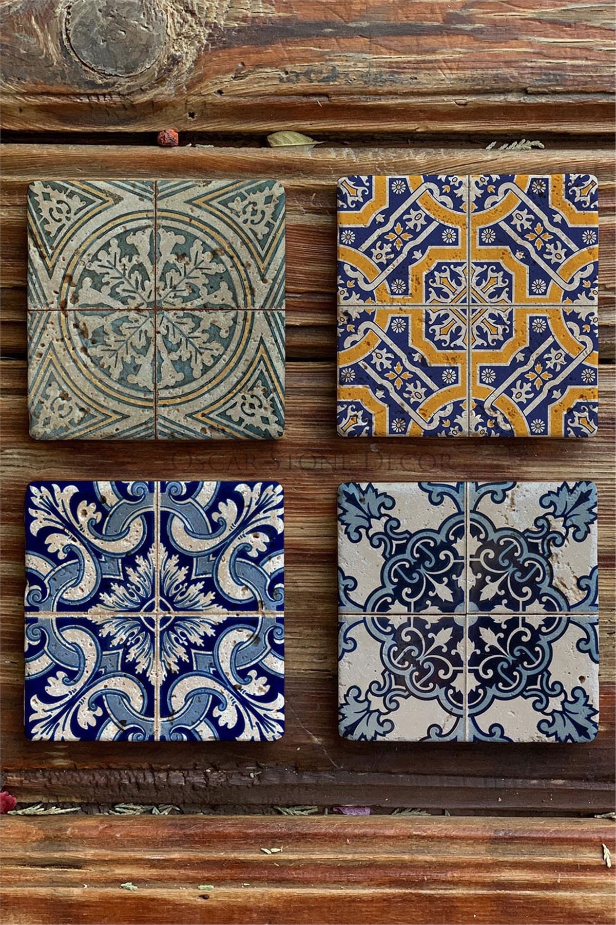 Oscar Stone Decor Baskılı Doğaltaş Bardak Altlığı 4'lü Set Desen Tile