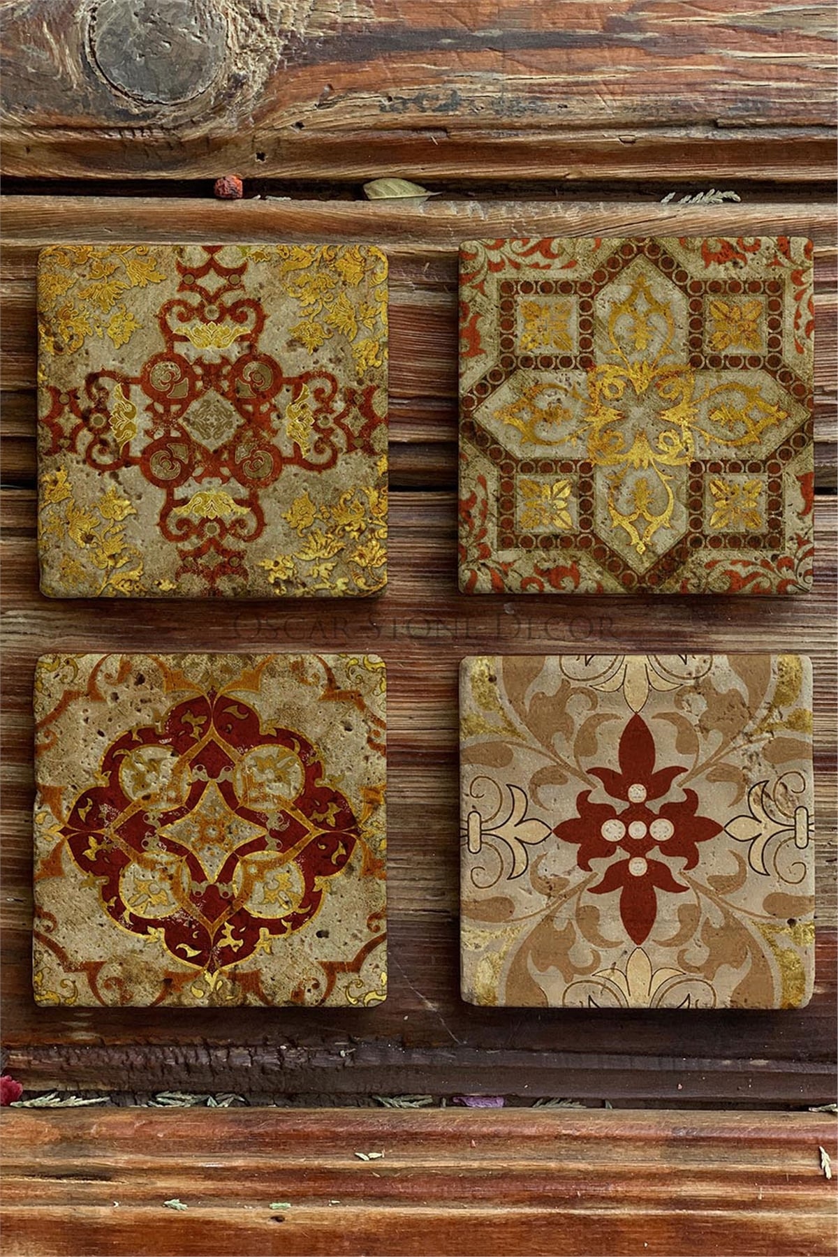 Oscar Stone Decor Baskılı Doğaltaş Bardak Altlığı 4'lü Set Desen Tile