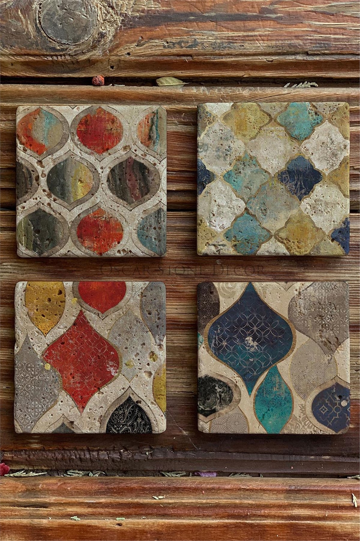 Oscar Stone Decor Baskılı Doğaltaş Bardak Altlığı 4'lü Set Desen Tile